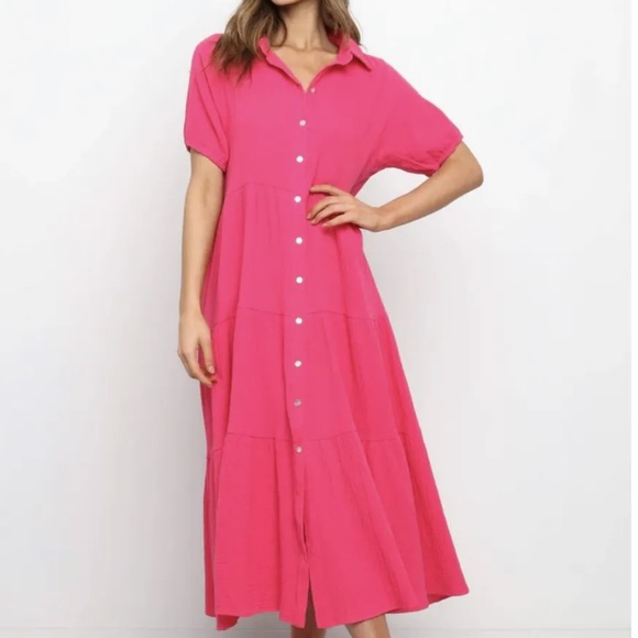 Petal & Pup Dresses & Skirts - New Petal And Pup WABASH DRESS Hot Pink Button Shirt Maxi Dress Women’s Size 4